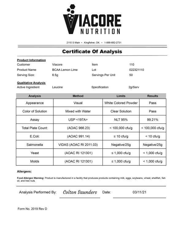 Cert. of Analysis